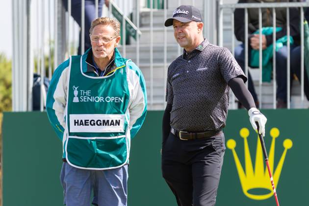 29th July 2023; Royal Porthcawl, Porthcawl, Bridgend, Wales: Senior Open Championship, Round 3; Sweden& x2019;s Joakim HAEGGMAN chats with his caddy on the first tee.  ActionPlus12536831 DanxMinto