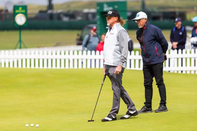 29th July 2023; Royal Porthcawl, Porthcawl, Bridgend, Wales: Senior Open Championship, Round 3; Miguel Angel JIMENEZ with his caddy on the practice green.  ActionPlus12536836 DanxMinto