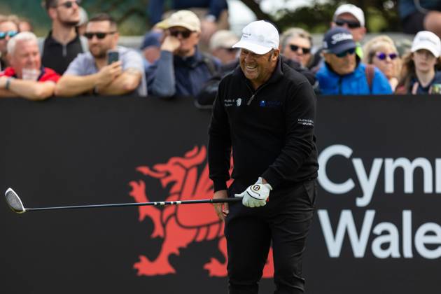 29th July 2023; Royal Porthcawl, Porthcawl, Bridgend, Wales: Senior Open Championship, Round 3; Emanuele CANONICA shares a joke a the first tee.  ActionPlus12537109 DanxMinto