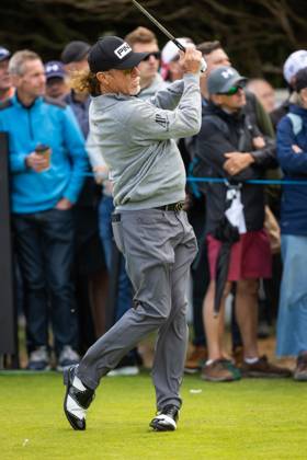 29th July 2023; Royal Porthcawl, Porthcawl, Bridgend, Wales: Senior Open Championship, Round 3; Spain& x2019;s Miguel Angel JIMENEZ drives the first tee.  ActionPlus12537111 DanxMinto