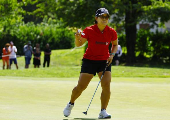 Golf: Evian Championship Nasa Hataoka of Japan acknowledges the crowd after making a birdie on the first hole during the final round of the Evian Championship golf tournament at Evian Resort Golf Club in Evian-les-Bains, France, on July 30, 2023.  A14AA0001726409P  