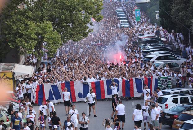 Corteo of Torcida, supporters of Hajduk Split Toricida, supporters of Hajduk Split, on their way to Poljud Stadium ahead of the UEFA Conference League match between Hajduk Split v PAOK, in Spilt, Croatia, on August 10, 2023. IvoxCagalj PIXSELL