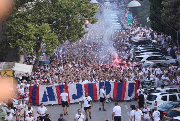 Corteo of Torcida, supporters of Hajduk Split Toricida, supporters of Hajduk Split, on their way to Poljud Stadium ahead of the UEFA Conference League match between Hajduk Split v PAOK, in Spilt, Croatia, on August 10, 2023. IvoxCagalj PIXSELL