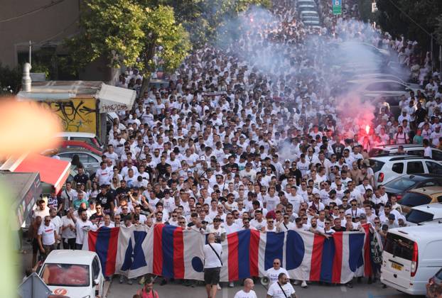 Corteo of Torcida, supporters of Hajduk Split Toricida, supporters of Hajduk Split, on their way to Poljud Stadium ahead of the UEFA Conference League match between Hajduk Split v PAOK, in Spilt, Croatia, on August 10, 2023. IvoxCagalj PIXSELL