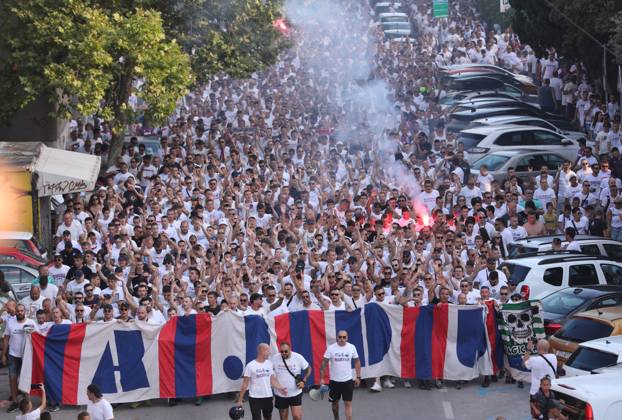 Corteo of Torcida, supporters of Hajduk Split Toricida, supporters of Hajduk Split, on their way to Poljud Stadium ahead of the UEFA Conference League match between Hajduk Split v PAOK, in Spilt, Croatia, on August 10, 2023. IvoxCagalj PIXSELL