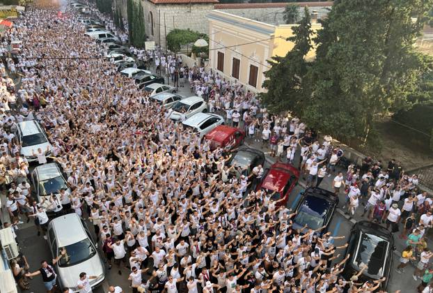 Corteo of Torcida, supporters of Hajduk Split Toricida, supporters of Hajduk Split, on their way to Poljud Stadium ahead of the UEFA Conference League match between Hajduk Split v PAOK, in Spilt, Croatia, on August 10, 2023. IvoxCagalj PIXSELL
