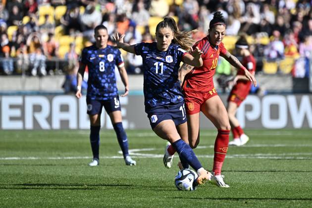 WWC23 QTR FINAL SPAIN NETHERLANDS, Lieke Martens of the Netherlands and Jennifer Hermoso of Spain compete for the ball during the FIFA Women s World Cup 2023 Quarter Final soccer match between Spain and the Netherlands in Wellington, New Zealand, Friday, August 11, 2023. ( NO ARCHIVING, EDITORIAL USE ONLY, NO USE IN BOOKS WITHOUT CONSENT WELLINGTON NEW ZEALAND  Copyright: xMASANORIxUDAGAWAx 20230811001829679660