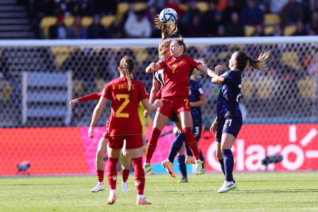 WWC23 QTR FINAL SPAIN NETHERLANDS, Irene Guerrero of Spain heads the ball during the FIFA Women s World Cup 2023 Quarter Final soccer match between Spain and the Netherlands in Wellington, New Zealand, Friday, August 11, 2023. ( NO ARCHIVING, EDITORIAL USE ONLY, NO USE IN BOOKS WITHOUT CONSENT WELLINGTON NEW ZEALAND  Copyright: xAARONxGILLIONSx 20230811001829695457
