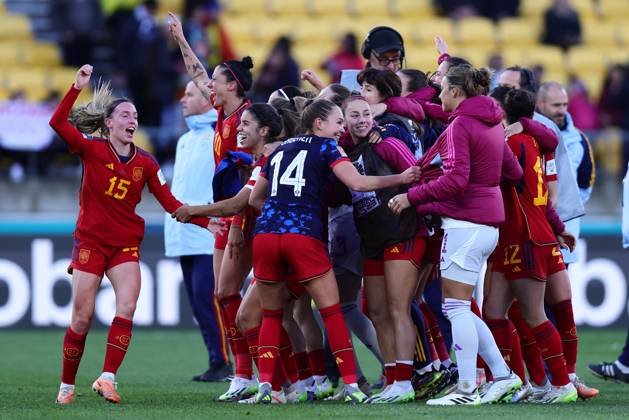 WWC23 QTR FINAL SPAIN NETHERLANDS, Spain celebrates their win over the Netherlands during the FIFA Women s World Cup 2023 Quarter Final soccer match between Spain and the Netherlands in Wellington, New Zealand, Friday, August 11, 2023. ( NO ARCHIVING, EDITORIAL USE ONLY, NO USE IN BOOKS WITHOUT CONSENT WELLINGTON NEW ZEALAND  Copyright: xAARONxGILLIONSx 20230811001829710522
