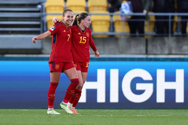 WWC23 QTR FINAL SPAIN NETHERLANDS, Irene Guerrero and Eva Navarro of Spain celebrate their win over the Netherlands during the FIFA Women s World Cup 2023 Quarter Final soccer match between Spain and the Netherlands in Wellington, New Zealand, Friday, August 11, 2023. ( NO ARCHIVING, EDITORIAL USE ONLY, NO USE IN BOOKS WITHOUT CONSENT WELLINGTON NEW ZEALAND  Copyright: xAARONxGILLIONSx 20230811001829711367