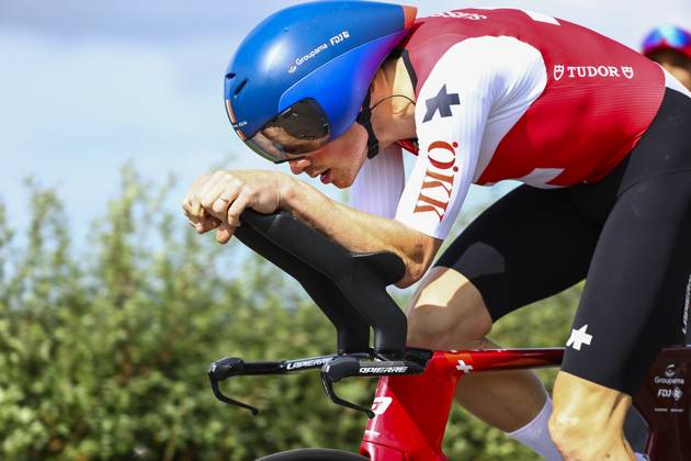 Swiss Stefan Kung of Groupama-FDJ pictured in action during the elite men time trial race at the UCI World Championships Cycling, in Glasgow, Scotland, Friday 11 August 2023. UCI organizes the worlds with all cycling disciplines, Road cycling, Rad, Radsport, Strasse indoor cycling, mountain bike, BMX racing, road para-cycling and indoor para-cycling, in Glasgow from 03 to 13 August. DAVIDxPINTENS x71913552x