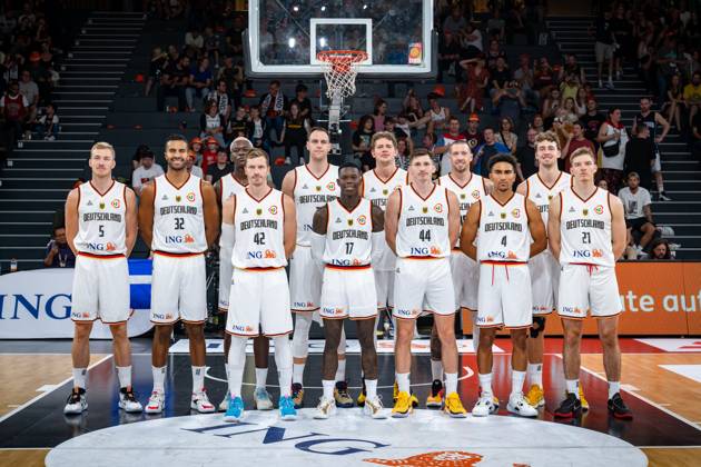Basketball Hamburg 13 08 2023 DBB mens national team international test match Supercup Germany GER Canada CAN Team Germany back vlnr Nils Giffey Germany, No 05 Johannes Thiemann Germany, No 32 Isaac Bonga Germany, No 00 Johannes Voigtmann Germany, No 07 Moritz Wagner Germany, No 13 Daniel Theis Germany, No 10 Franz Wagner Germany, No 09 vlrne vlnr Andreas Obst Germany, No 42 Dennis Schröder Schroeder Germany, No 17 Schröder Schroder David Krämer Germany, No 44 Kraemer Kramer Maodo Lo Germany, No 04 Justus Hollatz Germany, No 21