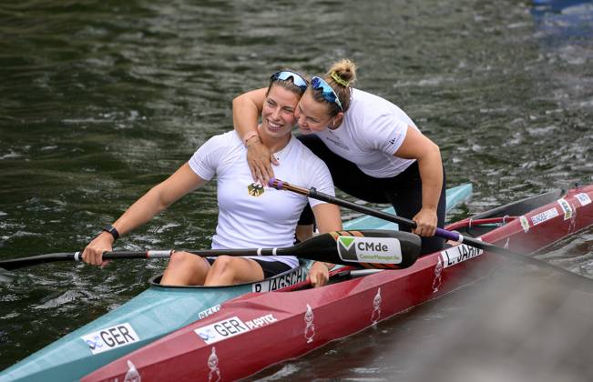 Lisa JAHN r GER congratulates Pauline JAGSCH l GER for the Final A entry, Semi Final K1 W 500, on 24 08 2023 Canoe Racing World Championships, from 23 08 27 08 2023 in Duisburg Germany Â