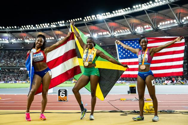 230824 Jasmine Camacho Quinn of Cuba, Danielle Williams of Jamaica and Kendra HArrison of USA celebrate after women?s 100 meter hurdles during day 6 of the 2023 World Athletics Championships on August 24, 2023 in Budapest Photo Joel Marklund BILDBYRAN kod JM JM0522 bbeng friidrott athletics friidrett 2023 world athletics championships world athletics championships budapest23 friidrotts vm friidretts vm vm jubel  Copyright: JOELxMARKLUND BB230824JM187