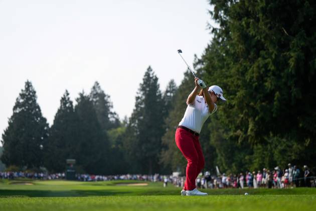 August 27, 2023, VANCOUVER, BC, CANADA: Sei Young Kim, of South Korea, hits her tee shot on the eighth hole during the final round at the LPGA, Golf Damen CPKC Canadian Women s Open golf tournament, in Vancouver, on Sunday, August 27, 2023. Kim Sei Young - ZUMAc35_ 20230827_zaf_c35_090 Copyright: xDarrylxDyckx
