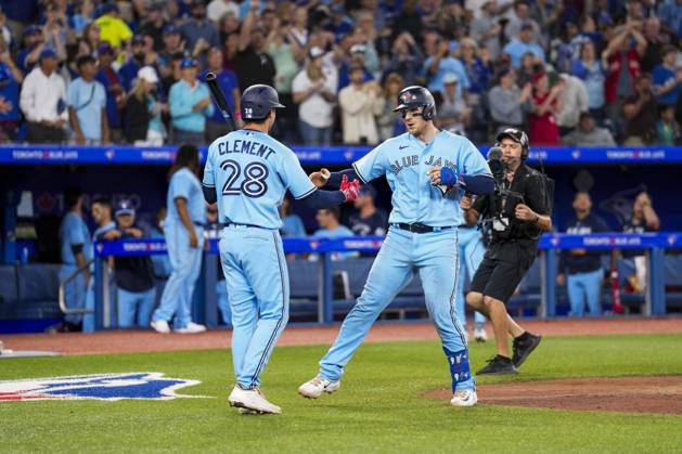August 28, 2023, TORONTO, ON, CANADA: Toronto Blue Jays catcher Danny Jansen (9), right, celebrates his home run with teammate shortstop Ernie Clement (28) during third inning MLB, Baseball Herren, USA interleague baseball action against the Washington Nationals in Toronto on Monday, August 28, 2023. Canada News - August 28, 2023 - ZUMAc35_ 20230828_zaf_c35_045 Copyright: xAndrewxLahodynskyjx