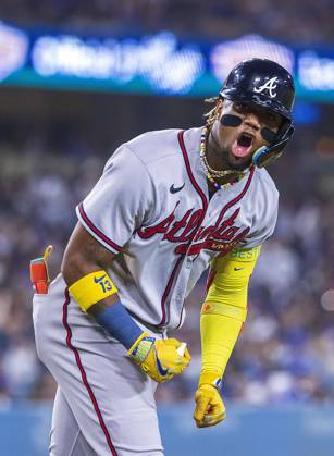 Bilder des Jahres 2023, Sport 08 August Sport Bilder des Tages August 31, 2023, Los Angeles, California, USA: RONALD ACUNA JR. of the Atlanta Braves shouts in excitement after hitting a home run with bases loaded during their regular season MLB, Baseball Herren, USA game against the Los Angeles Dodgers on Thursday at Dodger Stadium in Los Angeles. Los Angeles USA - ZUMAp124 20230831_zaa_p124_034 Copyright: xArianaxRuizx