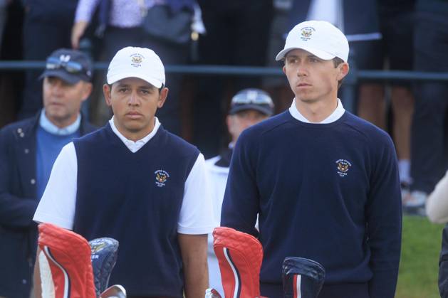 2nd September 2023; Old Course at St Andrews, St Andrews, Fife, Scotland; Walker Cup, Great Britain and Ireland versus USA, First Round; Dylan Menante and Gordon Sargent of the United States of America were out first in the foursomes matches  ActionPlus12549232 DavidxYoung