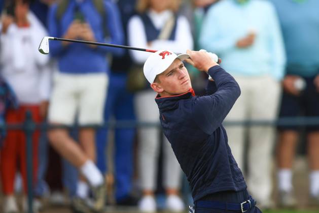 3rd September 2023; Old Course at St Andrews, St Andrews, Fife, Scotland; Walker Cup, Final Round; Calum Scott of Great Britain and Ireland tees off on the first hole on the Old Course, St Andrews, during a foursomes match  ActionPlus12550332 DavidxYoung