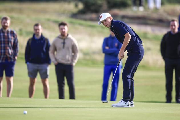 3rd September 2023; Old Course at St Andrews, St Andrews, Fife, Scotland; Walker Cup, Final Round; Connor Graham of Great Britain and Ireland holes a birdie putt on the fourth green on the Old Course, St Andrews, during a foursomes match  ActionPlus12550353 DavidxYoung