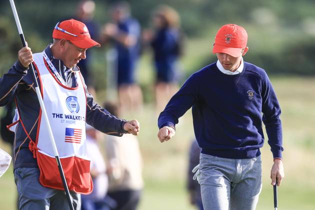 3rd September 2023; Old Course at St Andrews, St Andrews, Fife, Scotland; Walker Cup, Final Round; Gordon Sargent of the United States of America celebrates after holing a birdie putt on the fourth green on the Old Course, St Andrews, during a foursomes match  ActionPlus12550357 DavidxYoung