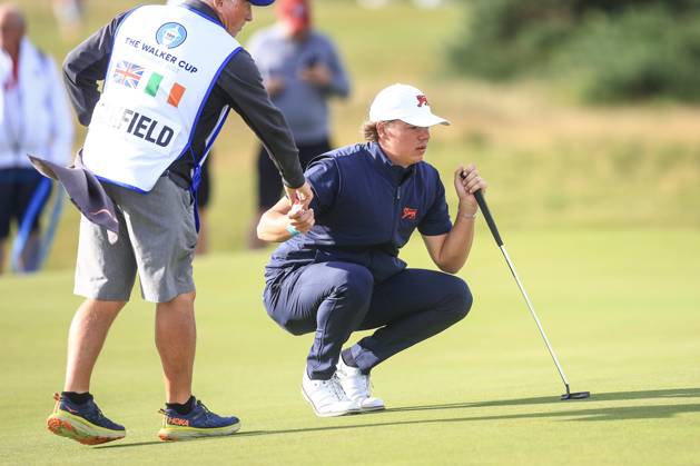 3rd September 2023; Old Course at St Andrews, St Andrews, Fife, Scotland; Walker Cup, Final Round; James Ashfield of Great Britain and Ireland lines up a putt on the fifth green on the Old Course, St Andrews, during a foursomes match  ActionPlus12550358 DavidxYoung