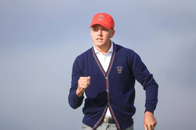 3rd September 2023; Old Course at St Andrews, St Andrews, Fife, Scotland; Walker Cup, Final Round; Preston Summerhays of the United States of America celebrates after holing a putt to win the fifth hole on the Old Course, St Andrews, during a foursomes match  ActionPlus12550363 DavidxYoung