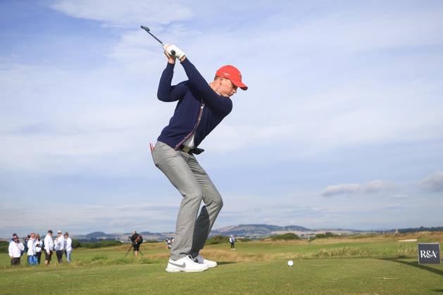 3rd September 2023; Old Course at St Andrews, St Andrews, Fife, Scotland; Walker Cup, Final Round; Preston Summerhays of the United States of America tees off on the sixth hole on the Old Course, St Andrews, during a foursomes match  ActionPlus12550364 DavidxYoung