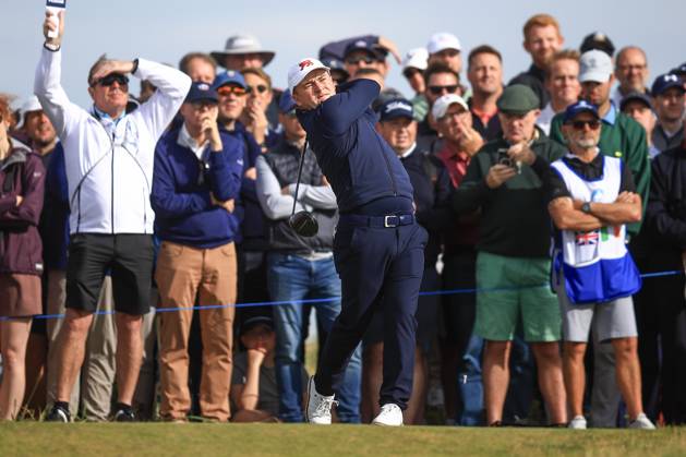 3rd September 2023; Old Course at St Andrews, St Andrews, Fife, Scotland; Walker Cup, Final Round; John Gough of Great Britain and Ireland tees off on the twelfth hole on the Old Course, St Andrews, during a foursomes match  ActionPlus12550379 DavidxYoung