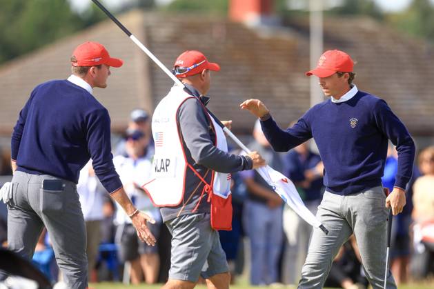 3rd September 2023; Old Course at St Andrews, St Andrews, Fife, Scotland; Walker Cup, Final Round; Gordon Sargent and Nick Dunlap of the United States of America celebrate after halving the 17th hole on the Old Course, St Andrews, to remain one up during a foursomes match against Connor Graham and Calum Scott of Great Britain and Ireland  ActionPlus12550400 DavidxYoung