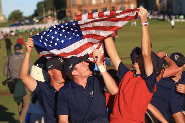 3rd September 2023; Old Course at St Andrews, St Andrews, Fife, Scotland; Walker Cup, Final Round; The United States of America team celebrates with an American flag  ActionPlus12550605 DavidxYoung