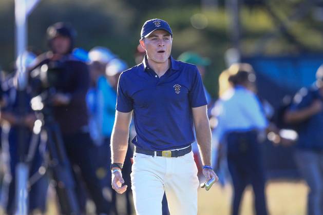3rd September 2023; Old Course at St Andrews, St Andrews, Fife, Scotland; Walker Cup, Final Round; Austin Greaser of the United States of America celebrates on the 17th green as he gains the point that retained the Walker Cup for the United States of America  ActionPlus12550612 DavidxYoung