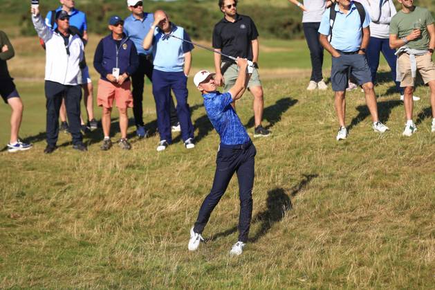 3rd September 2023; Old Course at St Andrews, St Andrews, Fife, Scotland; Walker Cup, Final Round; Calum Scott of Great Britain and Ireland plays from the rough on the sixteenth hole on the Old Course, St Andrews, during his singles match  ActionPlus12550624 DavidxYoung