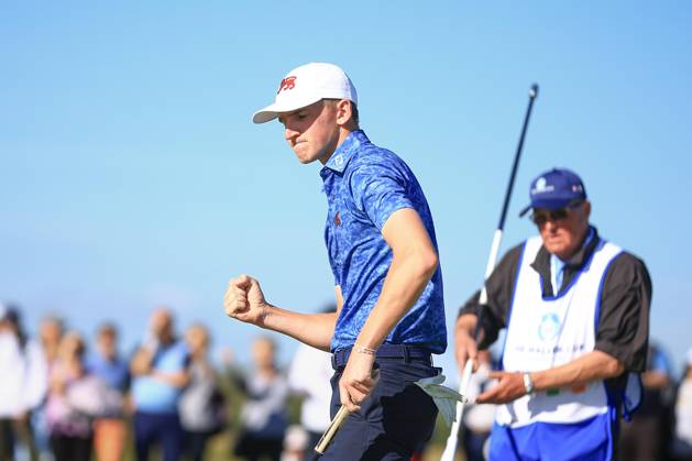 3rd September 2023; Old Course at St Andrews, St Andrews, Fife, Scotland; Walker Cup, Final Round; Calum Scott of Great Britain and Ireland celebrates after winning the 15th hole to keep his match alive  ActionPlus12550625 DavidxYoung