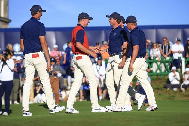 3rd September 2023; Old Course at St Andrews, St Andrews, Fife, Scotland; Walker Cup, Final Round; The United States of America team congratulate Gordon Sargent after his win over John Gough of Great Britain and Ireland  ActionPlus12550630 DavidxYoung