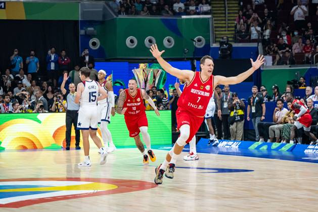 Basketball Manila Pasay 08 09 2023 FIBA Basketball World Cup 2023 Mens World Cup Semifinals United States of America USA Germany GER Germany wins and is in the final Johannes Voigtmann Germany, No 07 Daniel Theis Germany, No 10 cheering