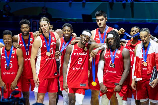 Basketball Manila Pasay 10 09 2023 FIBA Basketball World Cup 2023 Mens World Championship Game for 3rd Place Bronze United States of America USA Canada CAN Bronze Medal for Team Canada Shai Gilgeous Alexander Canada, No 02 Luguentz Dort Canada, No 00 Kelly Olynyk Canada, No 13 Dillon Brooks Canada, No 24 and others.