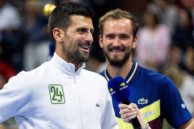 (230911) -- NEW YORK, Sept. 11, 2023 -- Novak Djokovic (L) of Serbia and Daniil Medvedev of Russia react during the awarding ceremony for the men s singles event at the 2023 US Open tennis championships in New York, the United States, on Sept. 10, 2023. ) (SP)US-NEW YORK-TENNIS-US OPEN LiuxJie 