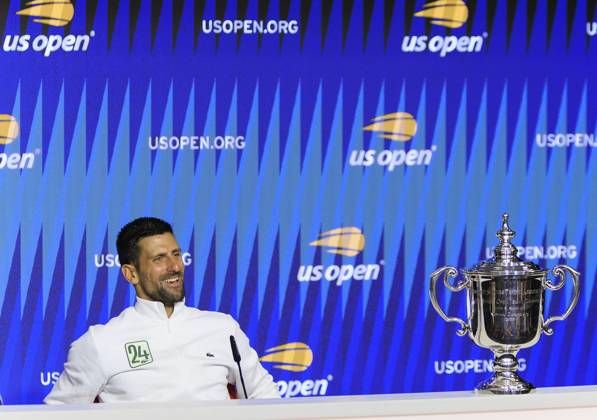 September 10, 2023, Flushing Meadows, New York, USA: Novak Djokovic during a press conference, PK, Pressekonferenz after winning the MenÃ¢â‚¬â ¢s 2023 U.S. Open Tennis Final on Day 14 against Daniil Medvedev at the USTA Billie Jean King National Tennis Center on Sunday September 10, 2023 in the Flushing neighborhood of the Queens borough of New York City. JAVIER ROJAS PI Flushing Meadows USA - ZUMAp124 20230910_zaa_p124_084 Copyright: xJavierxRojasx