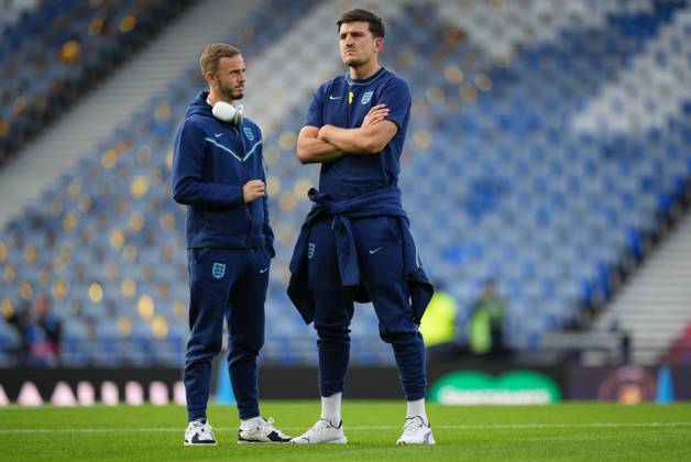 Harry Maguire Manchester United, ManU of England and James Maddison (Tottenham Hotspur) of England pre match during the 150th anniversary heritage international match, Länderspiel, Nationalmannschaft between Scotland and England at Hampden Park, Glasgow, Scotland on 12 September 2023. Copyright: xAndyxRowlandx PMI-5766-0036