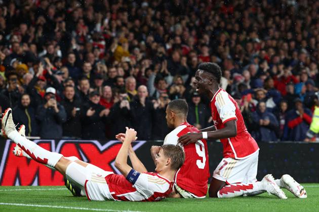 Arsenal v PSV Eindhoven 20 September 2023, London Champions™s League Fußball, Gruppenphase Arsenal v PSV Eindhoven Gabriel Jesus von Arsenal feiert sein drittes Tor mit seinen Mannschaftskameraden Foto Charlotte Wilson Offside London UK  Copyright: xCharlottexWilsonx xOffsidexOffside