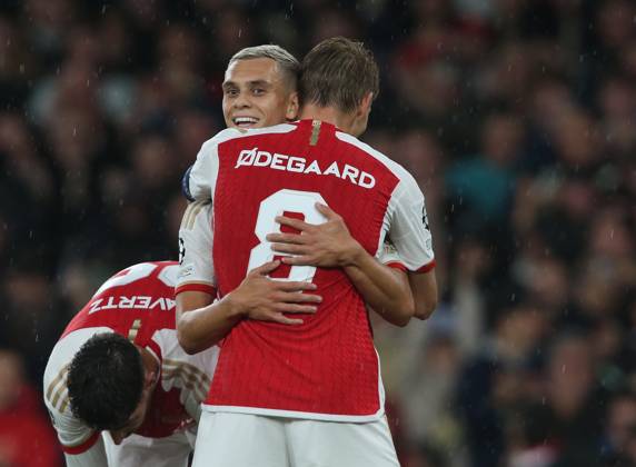 Arsenal v PSV Eindhoven, UEFA Champions League, Group B, Emirates Stadium, London, UK. - 20th September 2023. GOAL 2-0, Leandro Trossard of Arsenal goal celebration with Martin Odegaard of Arsenal. - Arsenal v PSV Eindhoven, UEFA Champions League, Group B, Emirates Stadium, London, UK. - 20th September 2023. London Emirates Stadium UK Copyright: xDanxWeirx CP_Arsenal_PSV_10