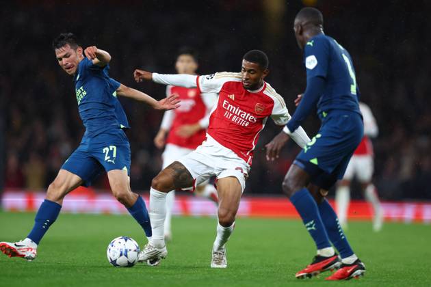 Arsenal v PSV Eindhoven 20 September 2023, London Champions™s League Fußball, Gruppenphase Arsenal v PSV Eindhoven Reiss Nelson von Arsenal und Hirving Lozano von PSV Eindhoven Foto Charlotte Wilson Abseits London UK  Copyright: xCharlottexWilsonx xOffsidexOffside