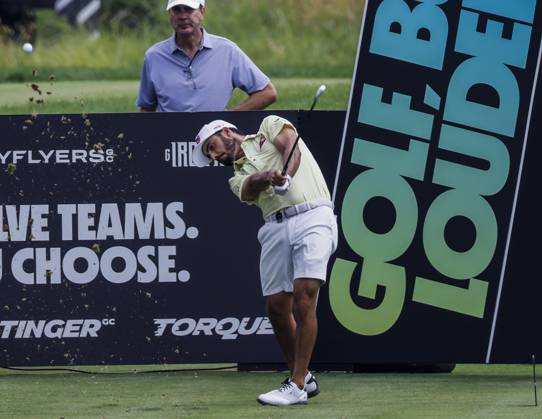 Abraham Ancer of Mexico hits his tee shot on the fifteenth hole during the first round of the 2023 LIV Golf League tournament at Rich Harvest Farms in Sugar Grove, Illinois, on Friday September 22, 2023. Tournament play runs from September 22nd through the 24th.  SGI20230922802 TANNENxMAURY