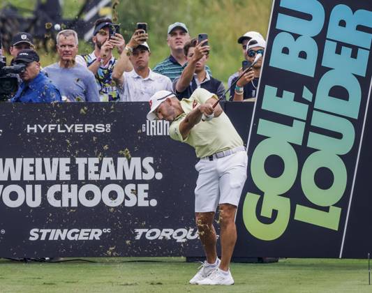 Sergio Garcia of Spain hits his tee shot on the fifteenth hole during the first round of the 2023 LIV Golf League tournament at Rich Harvest Farms in Sugar Grove, Illinois, on Friday September 22, 2023. Tournament play runs from September 22nd through the 24th.  SGI20230922807 TANNENxMAURY