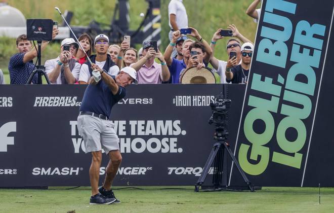 Phil Mickelson of the US hits his tee shot on the fifteenth hole during the first round of the 2023 LIV Golf League tournament at Rich Harvest Farms in Sugar Grove, Illinois, on Friday September 22, 2023. Tournament play runs from September 22nd through the 24th.  SGI20230922810 TANNENxMAURY