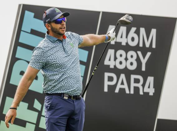 Dean Burmester of South Africa reacts to his tee shot on the sixteenth hole during the first round of the 2023 LIV Golf League tournament at Rich Harvest Farms in Sugar Grove, Illinois, on Friday September 22, 2023. Tournament play runs from September 22nd through the 24th.  SGI20230922814 TANNENxMAURY
