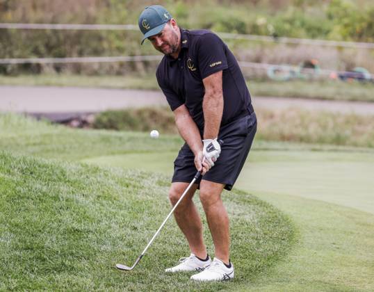 Graeme McDowell of Northern Ireland chips onto the fifteenth green during the first round of the 2023 LIV Golf League tournament at Rich Harvest Farms in Sugar Grove, Illinois, on Friday September 22, 2023. Tournament play runs from September 22nd through the 24th.  SGI20230922827 TANNENxMAURY