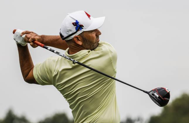 Sergio Garcia of Spain hits his tee shot on the sixteenth hole during the first round of the 2023 LIV Golf League tournament at Rich Harvest Farms in Sugar Grove, Illinois, on Friday September 22, 2023. Tournament play runs from September 22nd through the 24th.  SGI20230922835 TANNENxMAURY