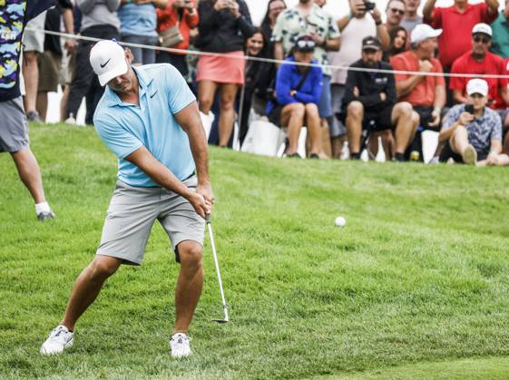 Brooks Koepka of the US chips onto the fifteenth green during the first round of the 2023 LIV Golf League tournament at Rich Harvest Farms in Sugar Grove, Illinois, on Friday September 22, 2023. Tournament play runs from September 22nd through the 24th.  SGI20230922845 TANNENxMAURY